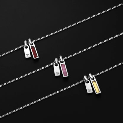 Birthstone & Initial Tag Necklace - Silver