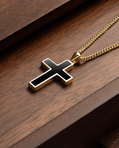 Stone Cross Pendant -  14K Gold Onyx