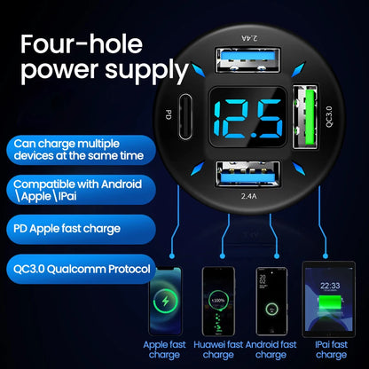 66W Car Charger Quick Charge Cigarette Lighter Adapter 4-Port USB A+USB C Fast Charging Phone Charger for iPhone Xiaomi Samsung