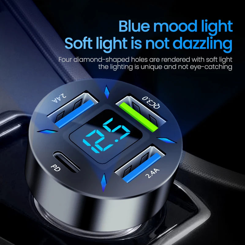 66W Car Charger Quick Charge Cigarette Lighter Adapter 4-Port USB A+USB C Fast Charging Phone Charger for iPhone Xiaomi Samsung